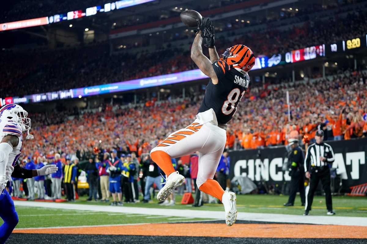Cincinnati Bengals tight end Irv Smith Jr. (81) catches a touchdown pass against the Buffalo Bills. Mandatory Credit: Kareem Elgazzar-USA TODAY Sports